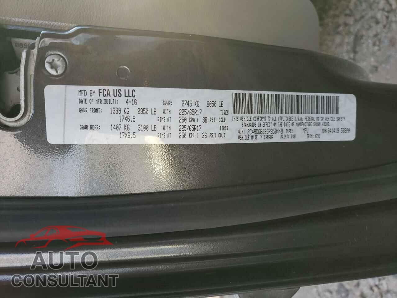 DODGE CARAVAN 2016 - 2C4RDGBG9GR350449