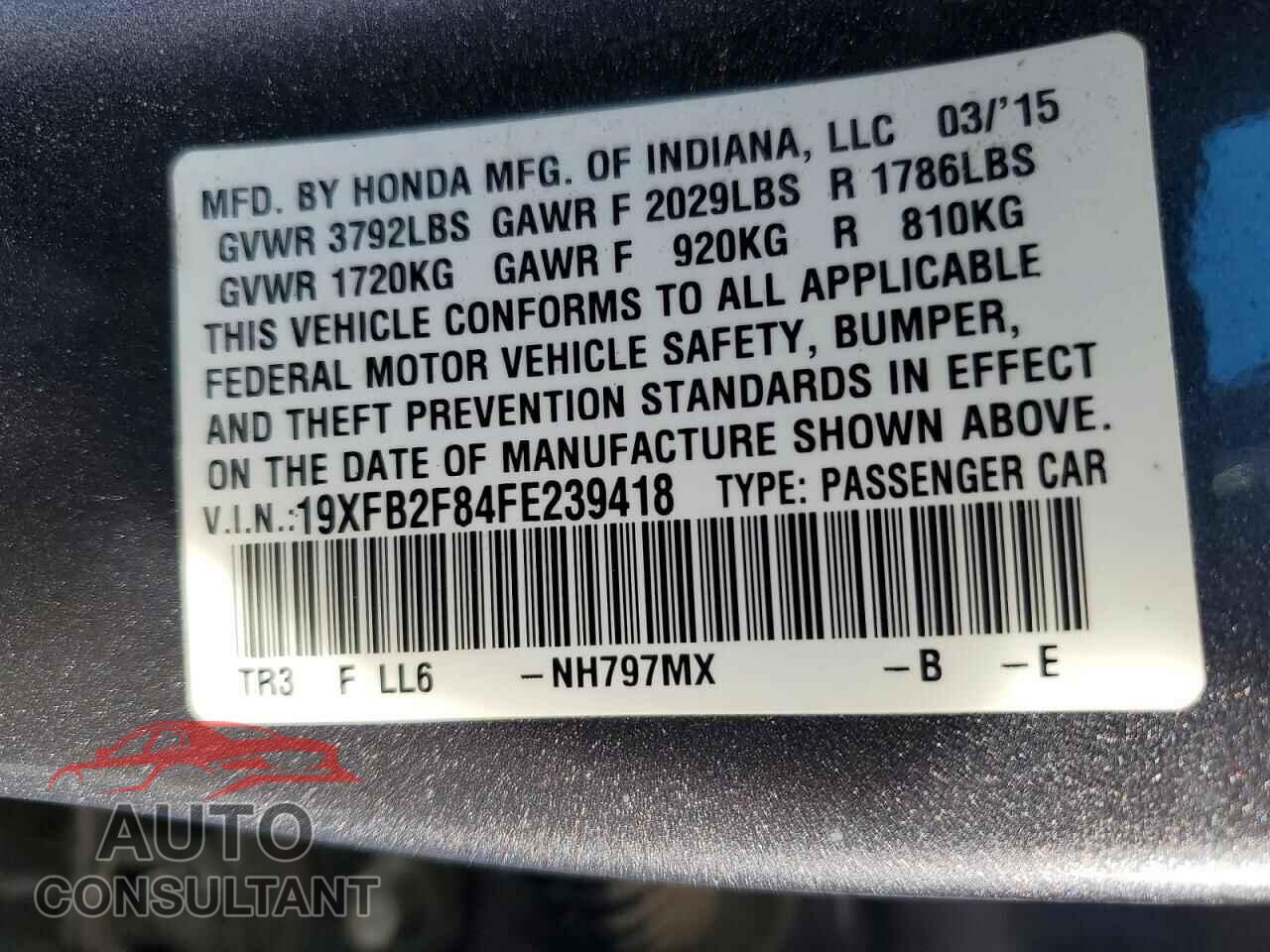 HONDA CIVIC 2015 - 19XFB2F84FE239418