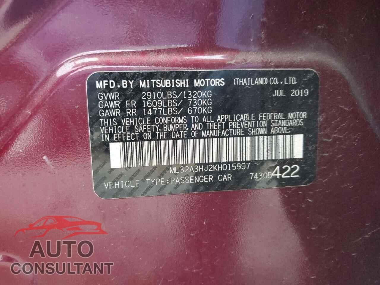 MITSUBISHI MIRAGE 2019 - ML32A3HJ2KH015997