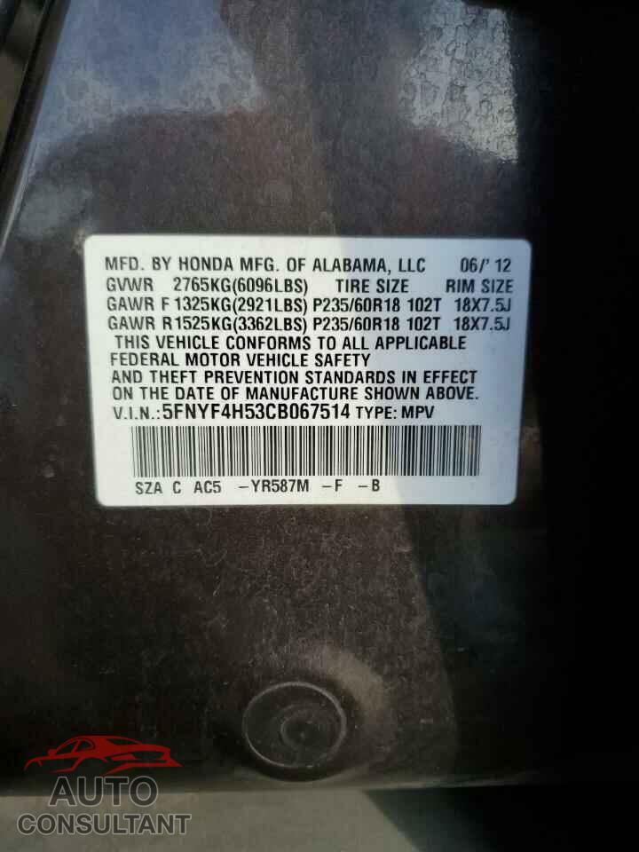 HONDA PILOT 2012 - 5FNYF4H53CB067514