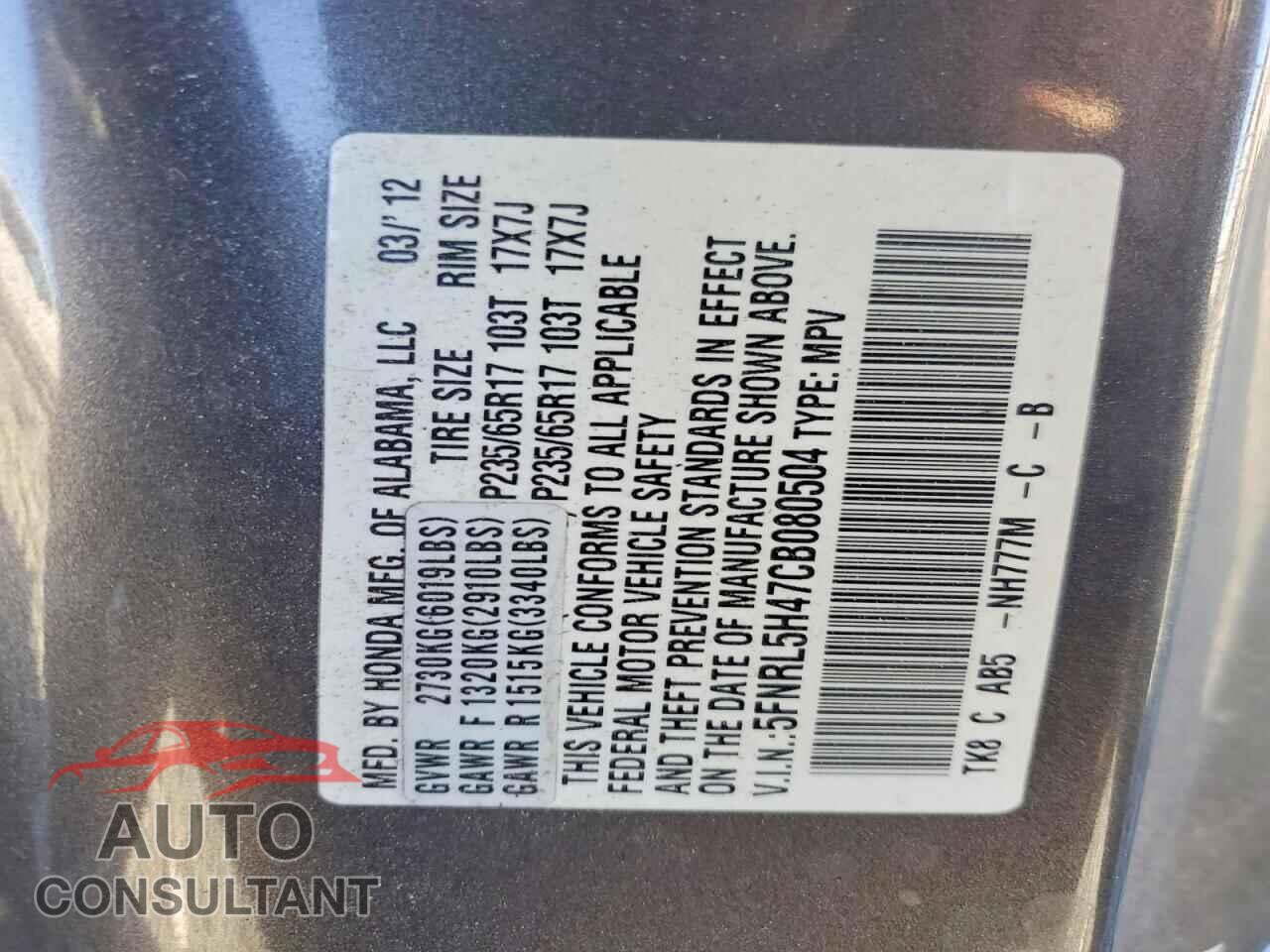 HONDA ODYSSEY 2012 - 5FNRL5H47CB080504