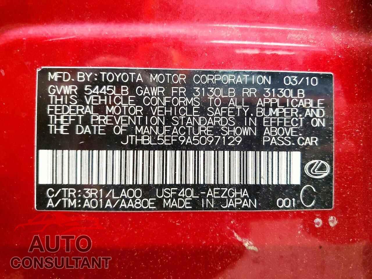 LEXUS LS460 2010 - JTHBL5EF9A5097129