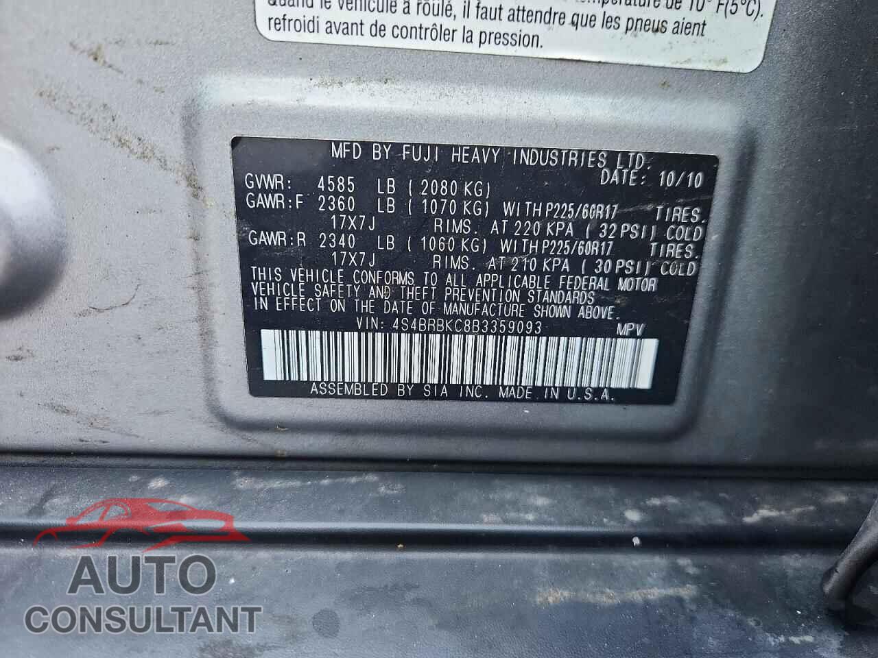 SUBARU OUTBACK 2011 - 4S4BRBKC8B3359093