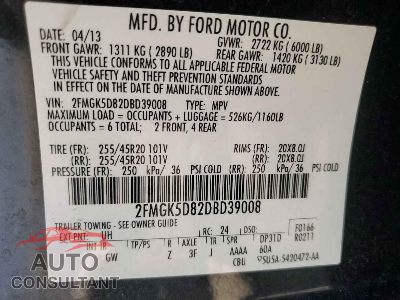FORD FLEX 2013 - 2FMGK5D82DBD39008