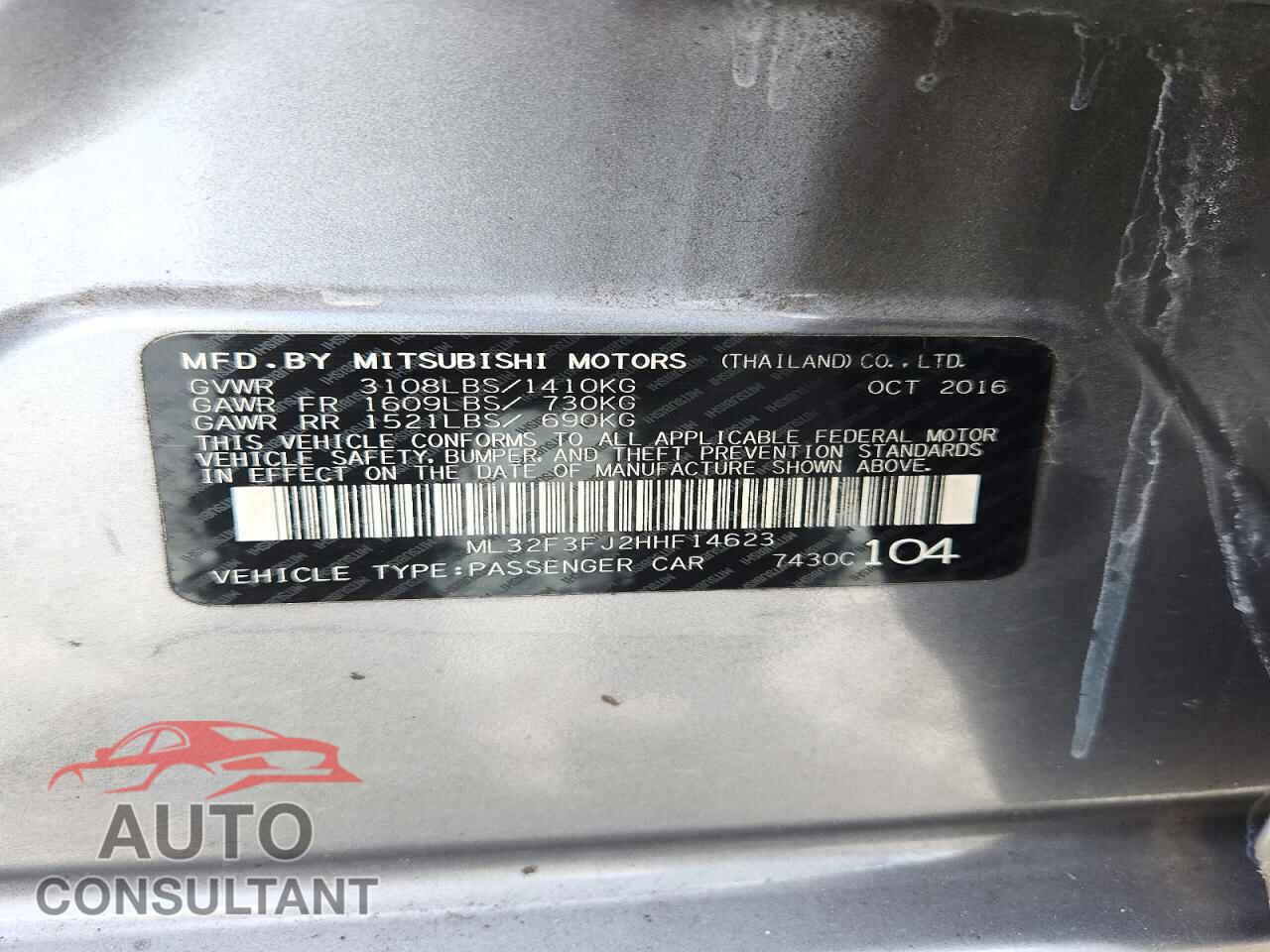 MITSUBISHI MIRAGE 2017 - ML32F3FJ2HHF14623