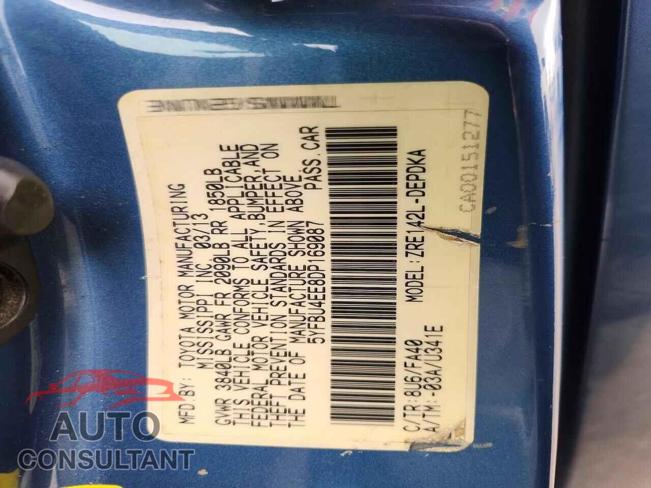 TOYOTA COROLLA 2013 - 5YFBU4EE8DP169087