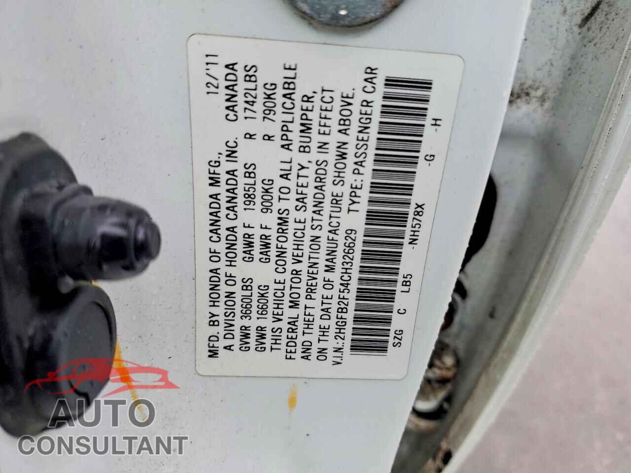 HONDA CIVIC 2012 - 2HGFB2F54CH326629