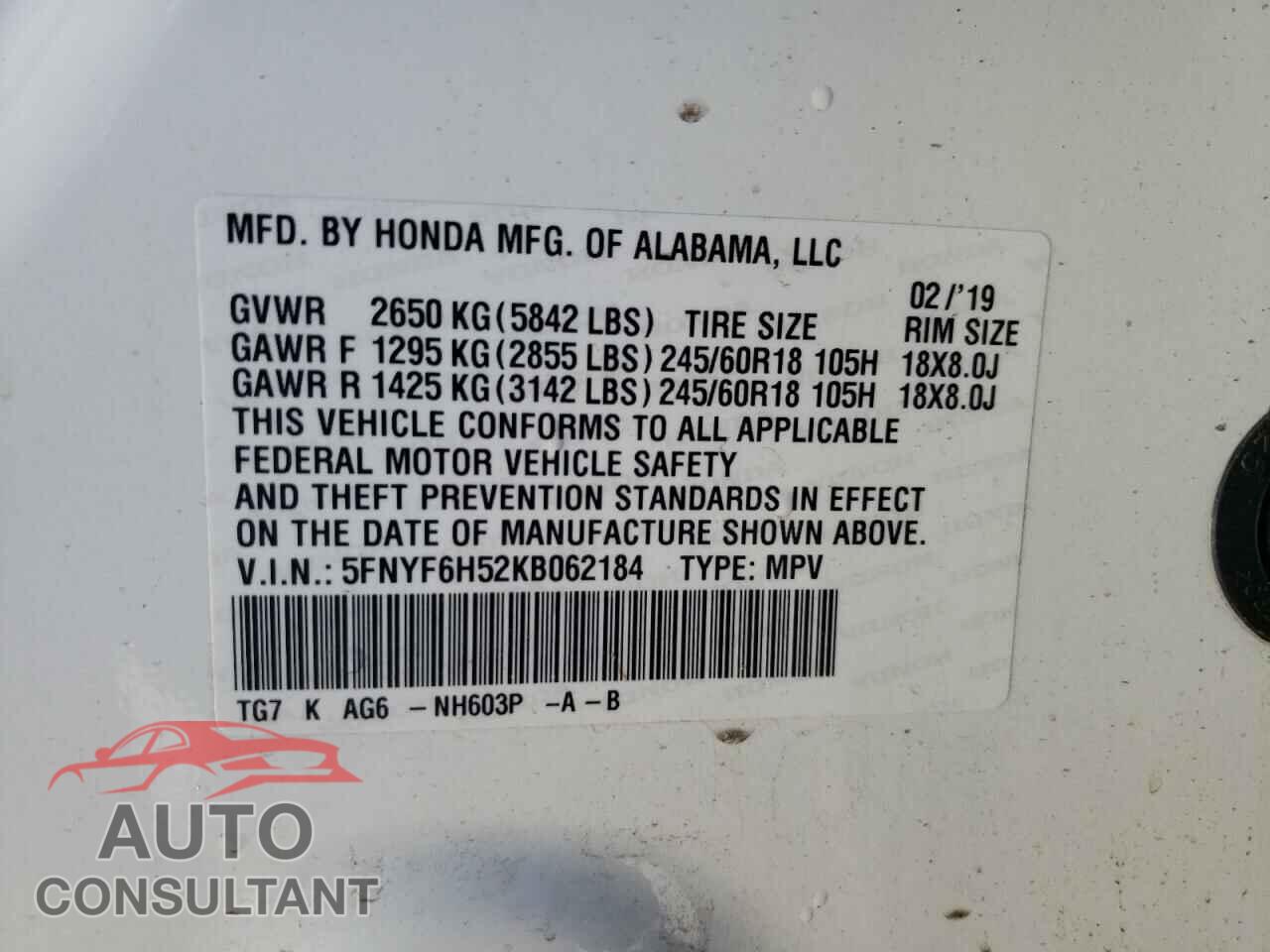 HONDA PILOT 2019 - 5FNYF6H52KB062184