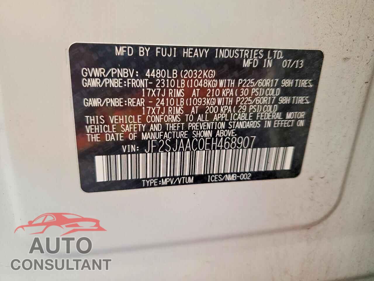 SUBARU FORESTER 2014 - JF2SJAAC0EH468907