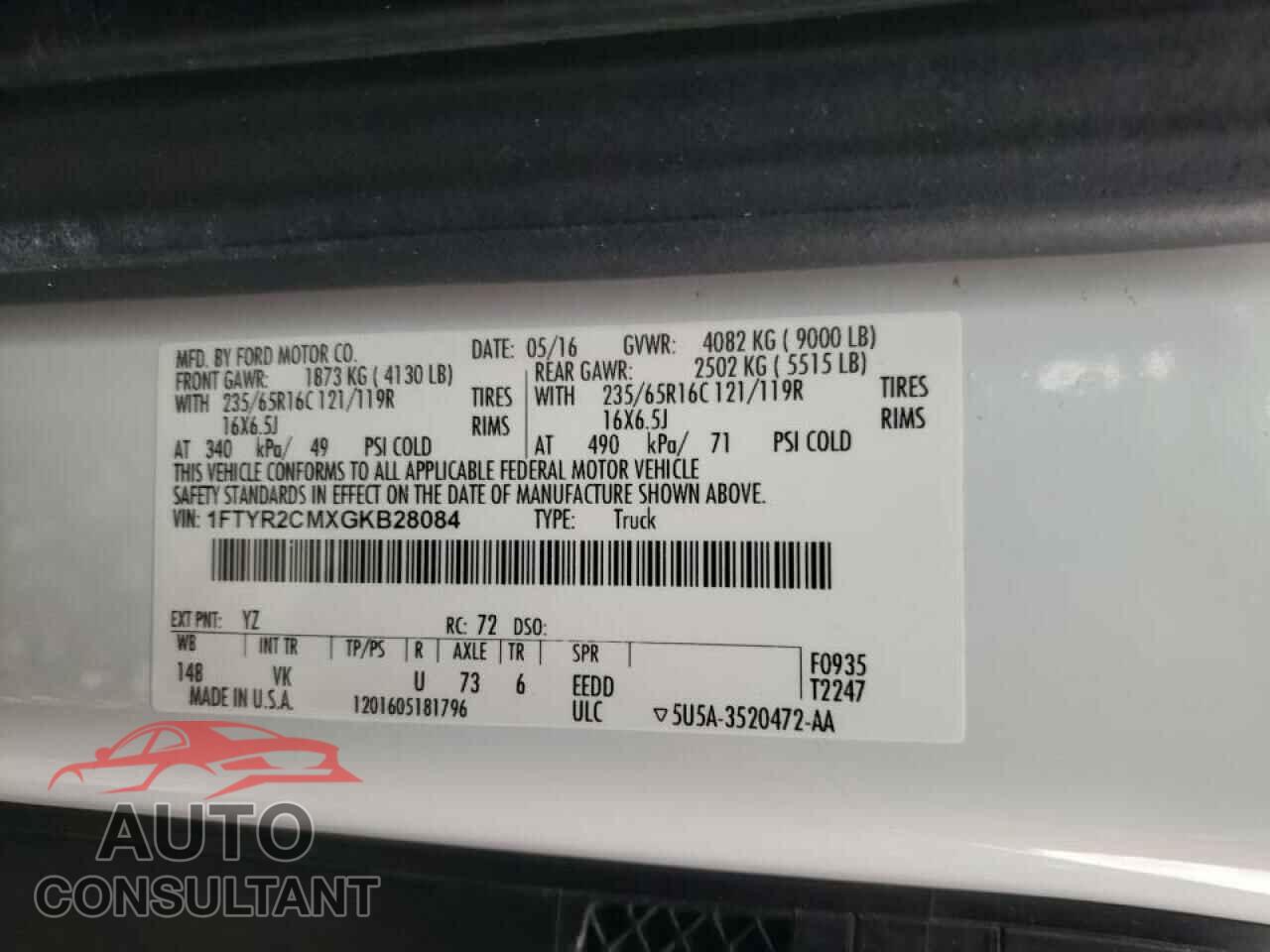 FORD TRANSIT CO 2016 - 1FTYR2CMXGKB28084