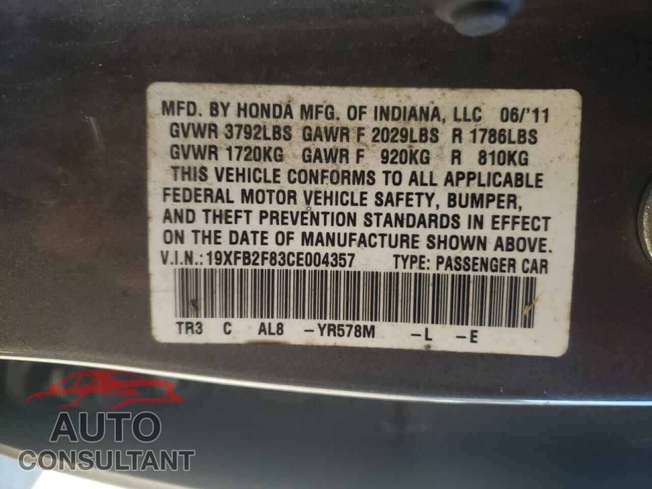 HONDA CIVIC 2012 - 19XFB2F83CE004357