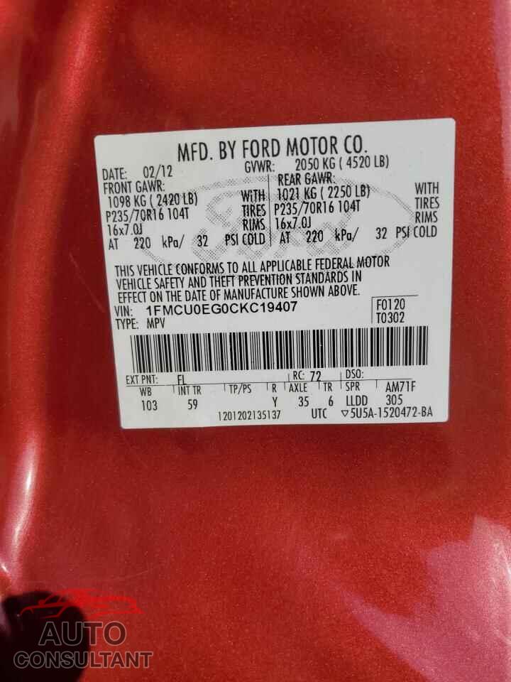 FORD ESCAPE 2012 - 1FMCU0EG0CKC19407