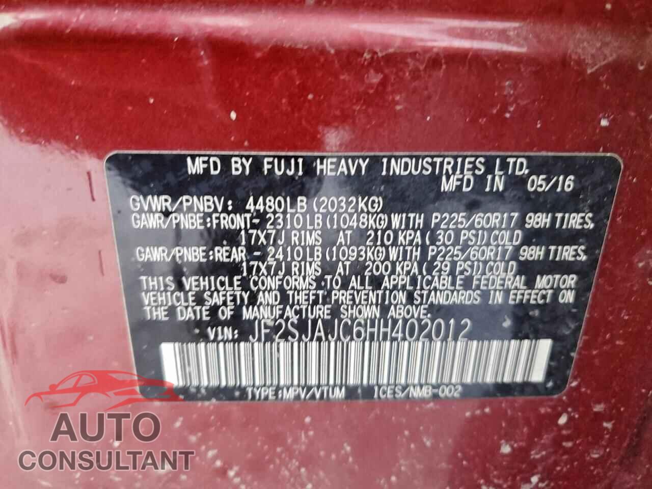 SUBARU FORESTER 2017 - JF2SJAJC6HH402012