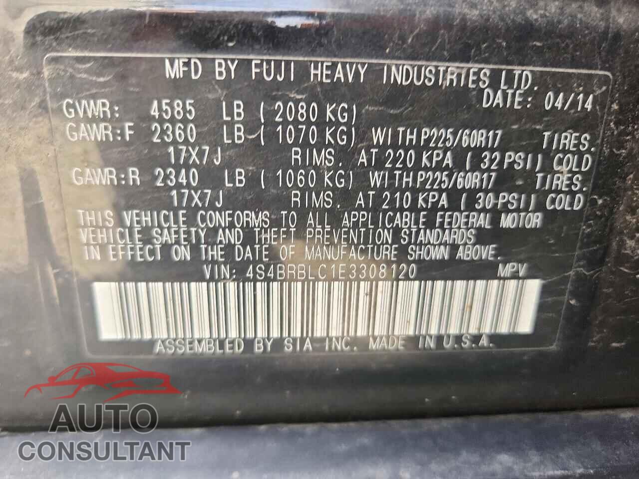 SUBARU OUTBACK 2014 - 4S4BRBLC1E3308120