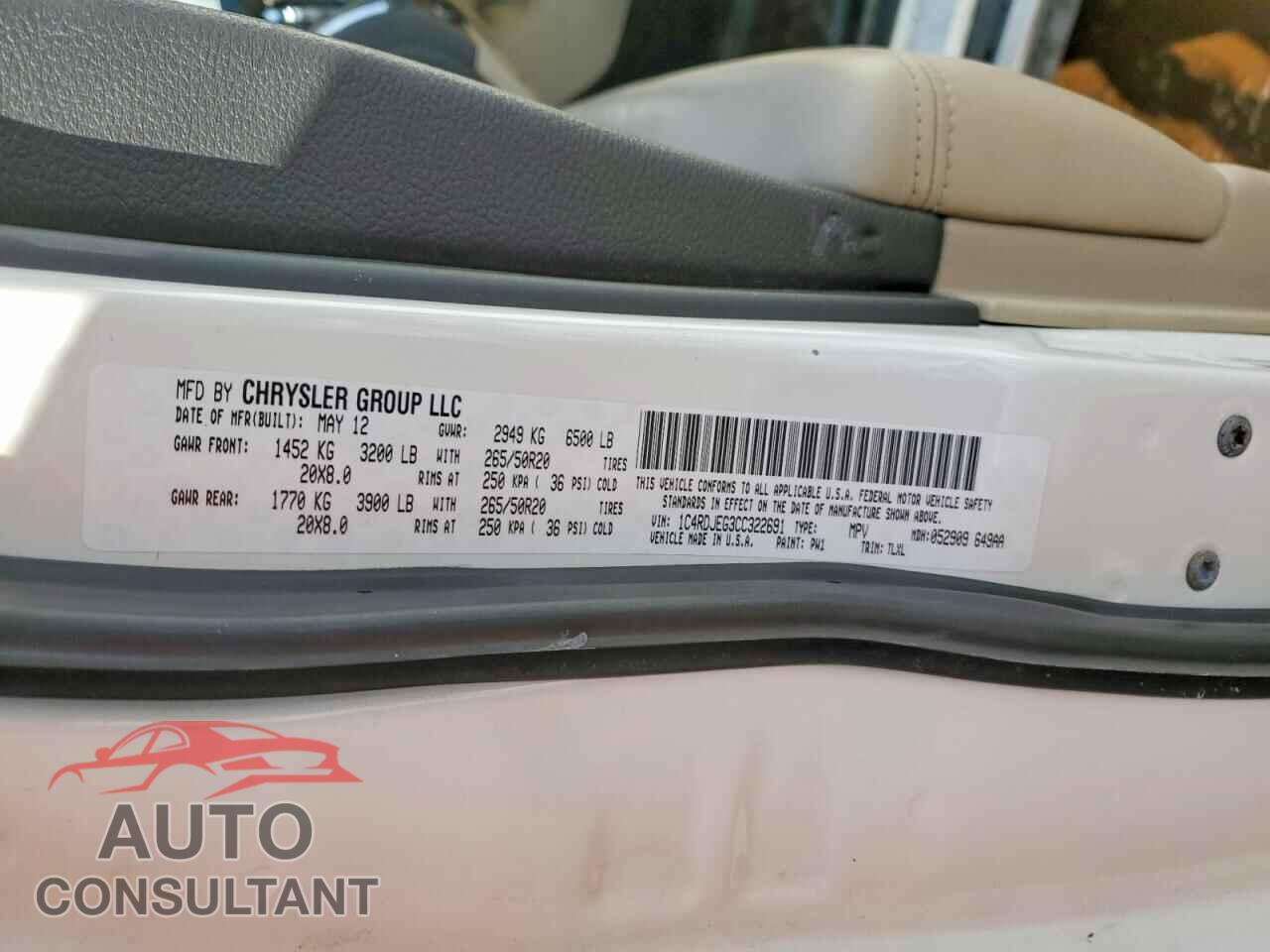 DODGE DURANGO 2012 - 1C4RDJEG3CC322691