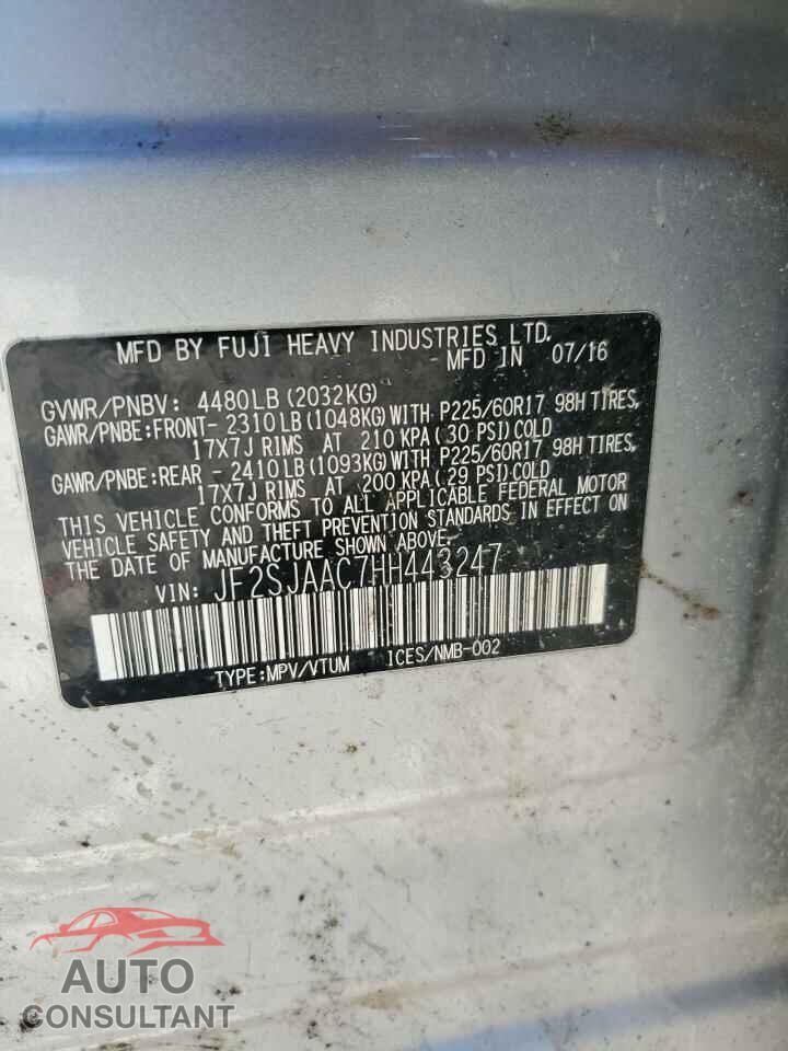 SUBARU FORESTER 2017 - JF2SJAAC7HH443247