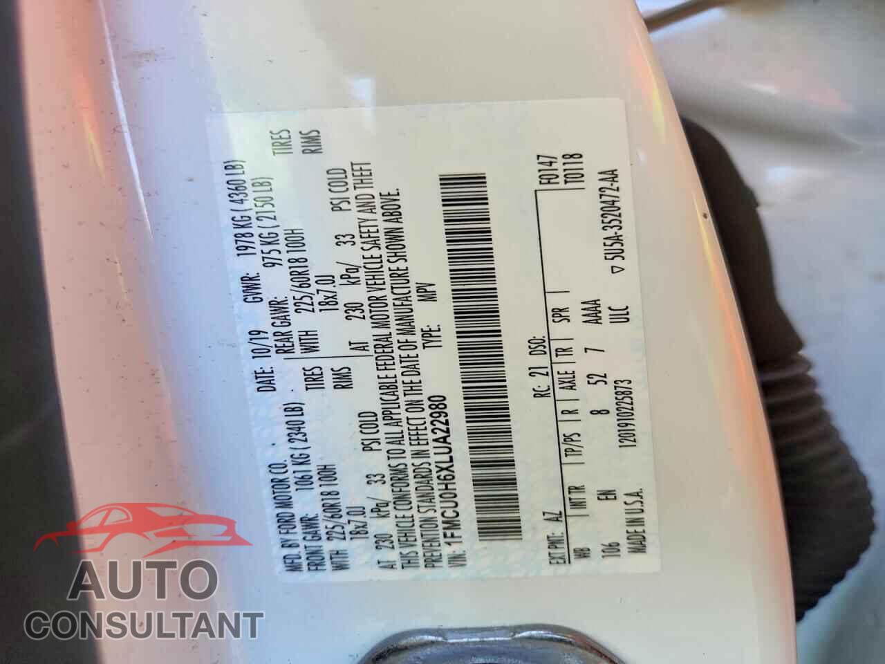 FORD ESCAPE 2020 - 1FMCU0H6XLUA22980