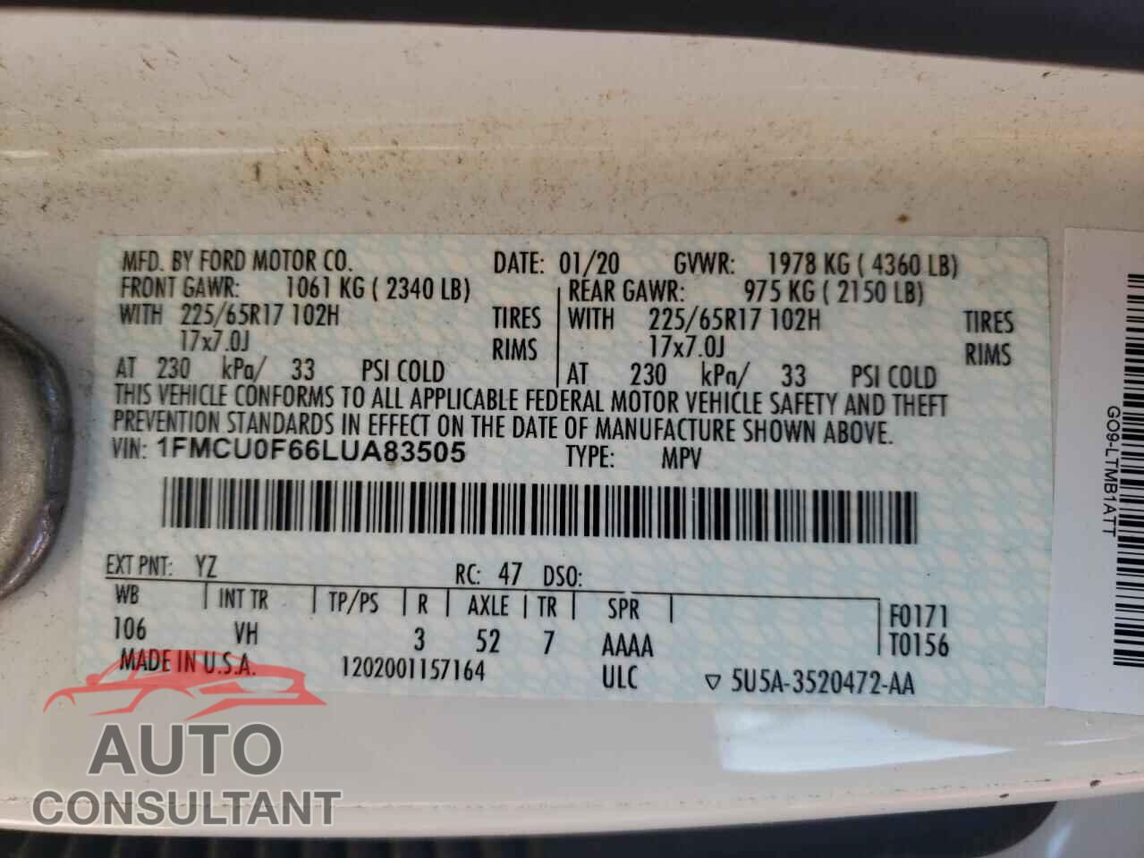 FORD ESCAPE 2020 - 1FMCU0F66LUA83505