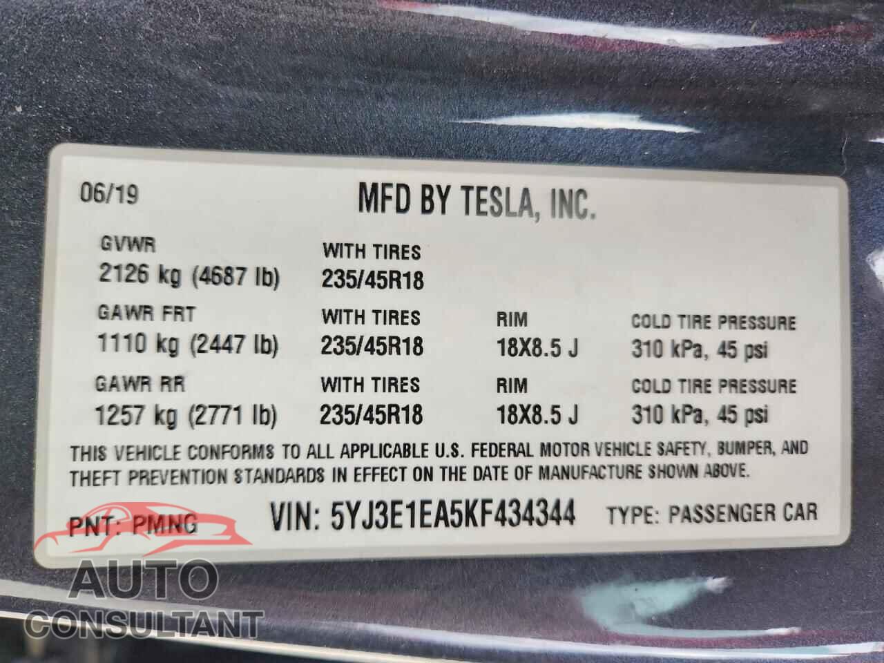 TESLA MODEL 3 2019 - 5YJ3E1EA5KF434344