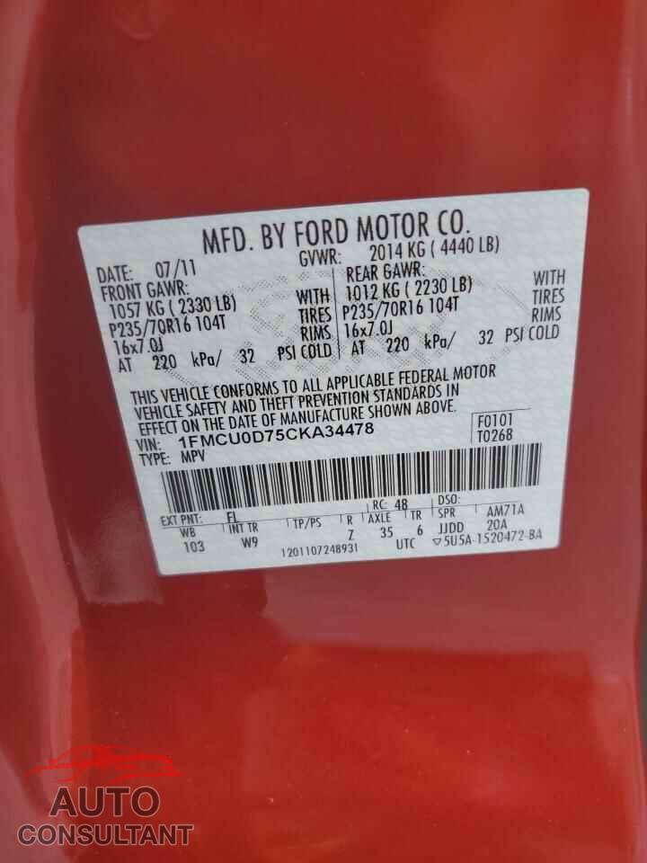 FORD ESCAPE 2012 - 1FMCU0D75CKA34478