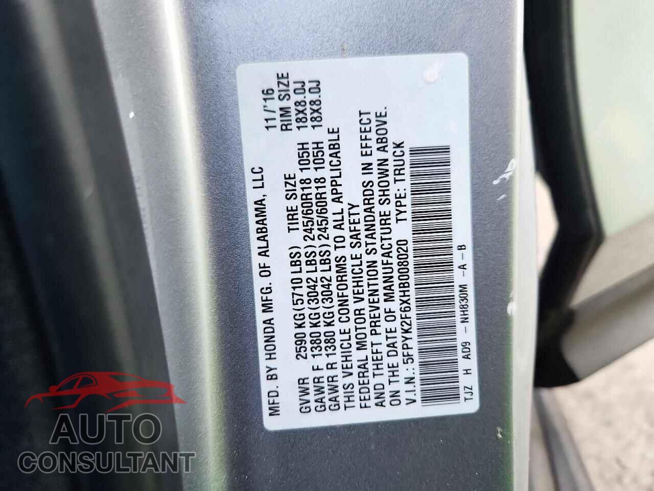 HONDA RIDGELINE 2017 - 5FPYK2F6XHB008020