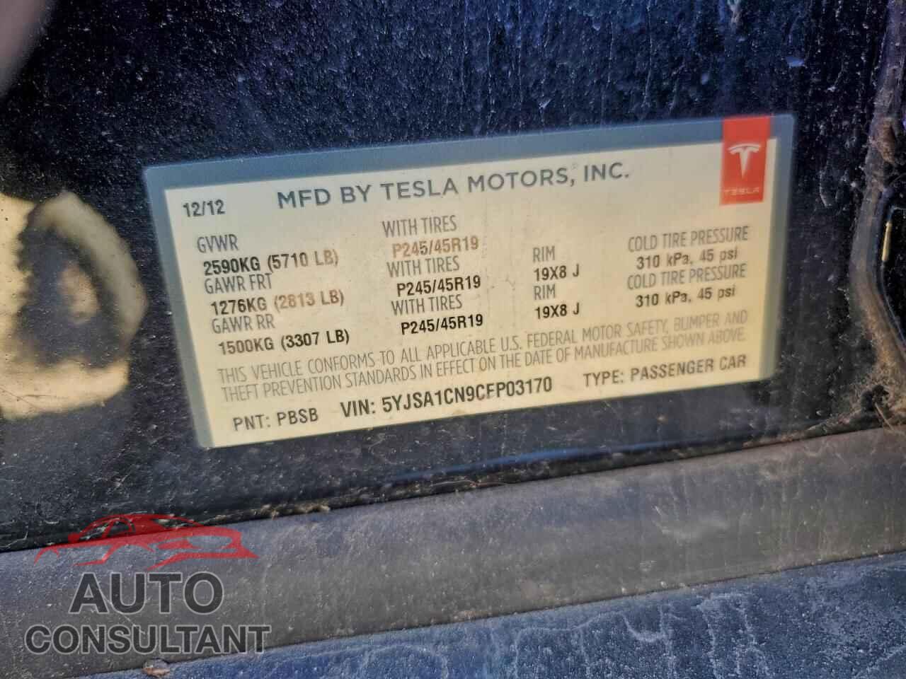TESLA MODEL S 2012 - 5YJSA1CN9CFP03170