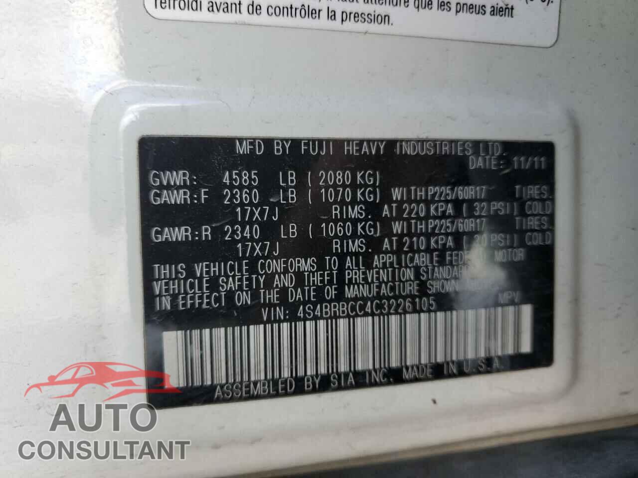SUBARU OUTBACK 2012 - 4S4BRBCC4C3226105