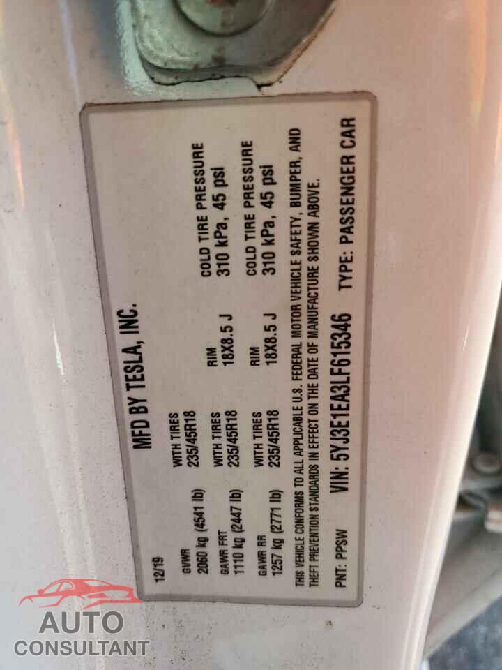 TESLA MODEL 3 2020 - 5YJ3E1EA3LF615346