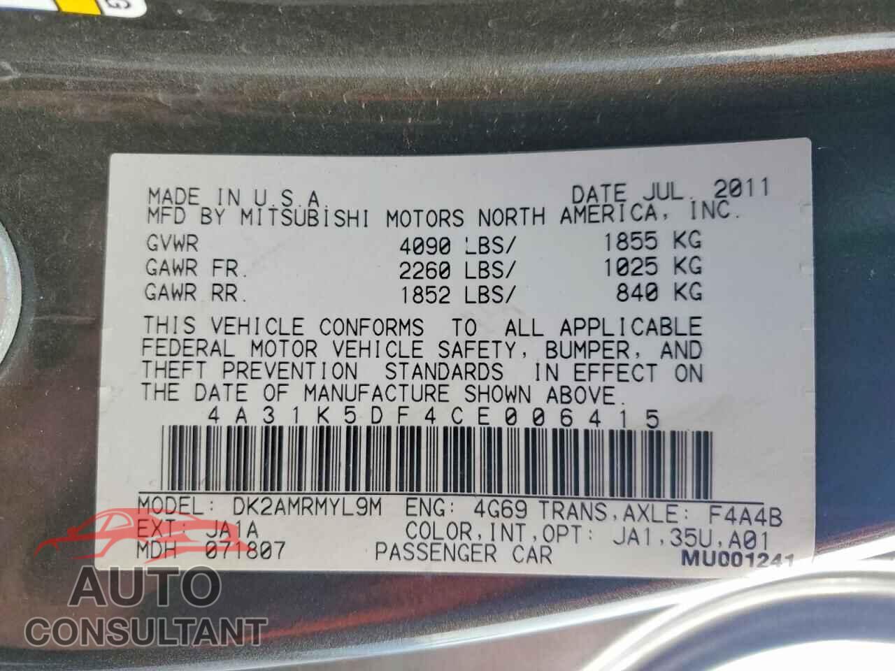 MITSUBISHI ECLIPSE 2012 - 4A31K5DF4CE006415