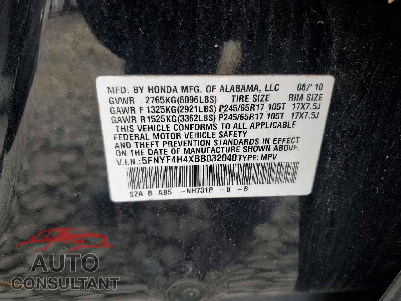 HONDA PILOT 2011 - 5FNYF4H4XBB032040