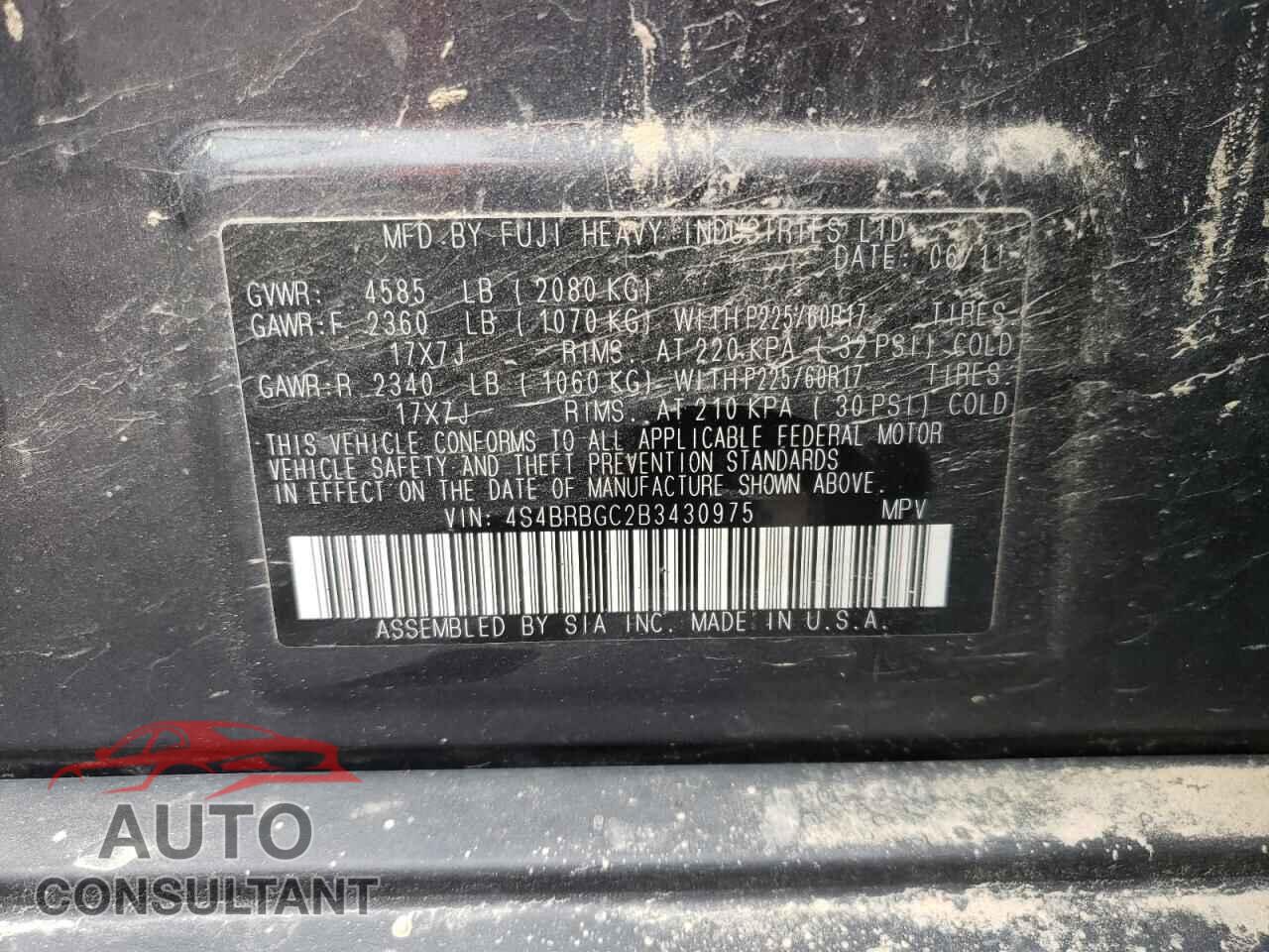 SUBARU OUTBACK 2011 - 4S4BRBGC2B3430975