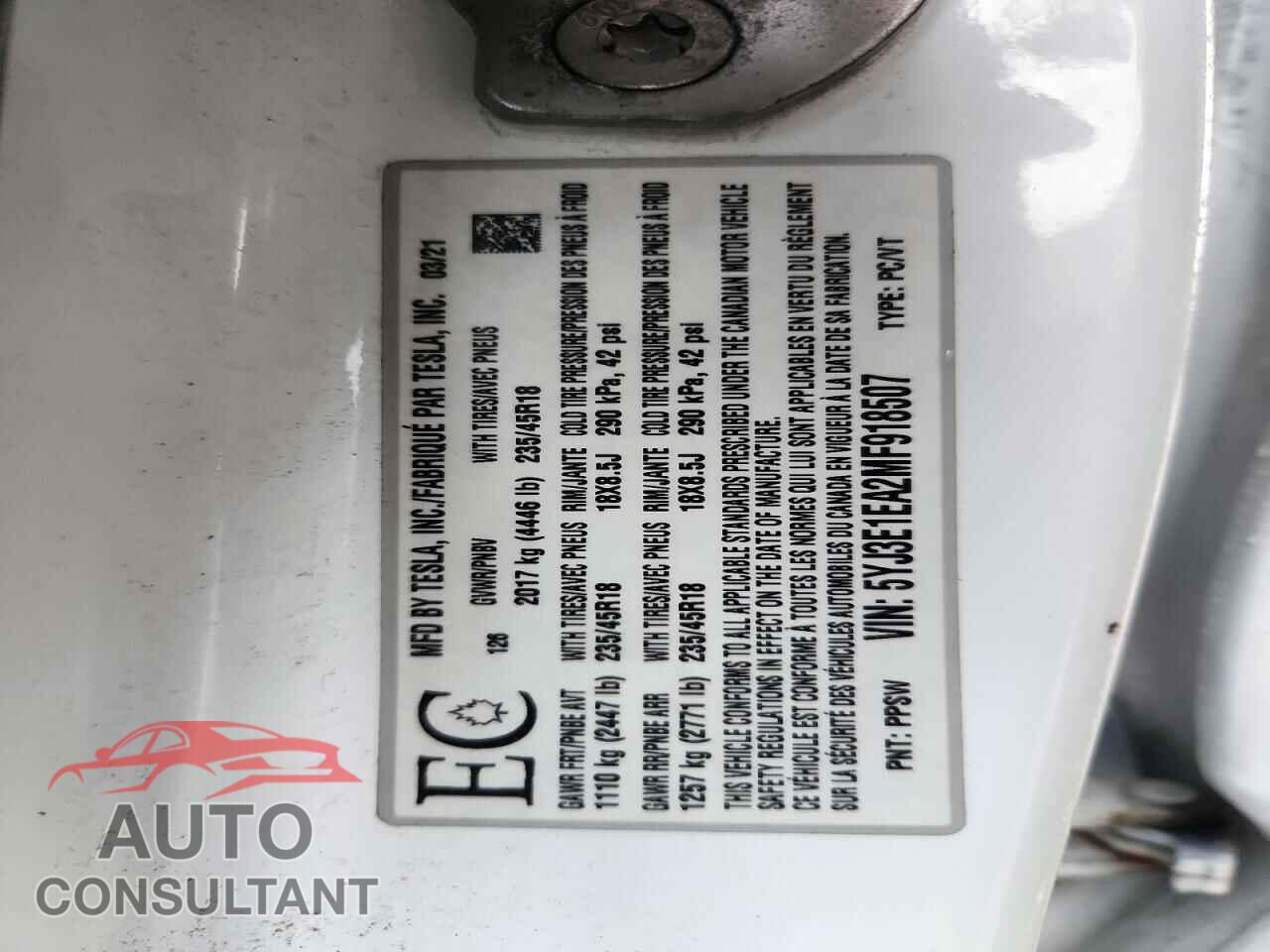 TESLA MODEL 3 2021 - 5YJ3E1EA2MF918507