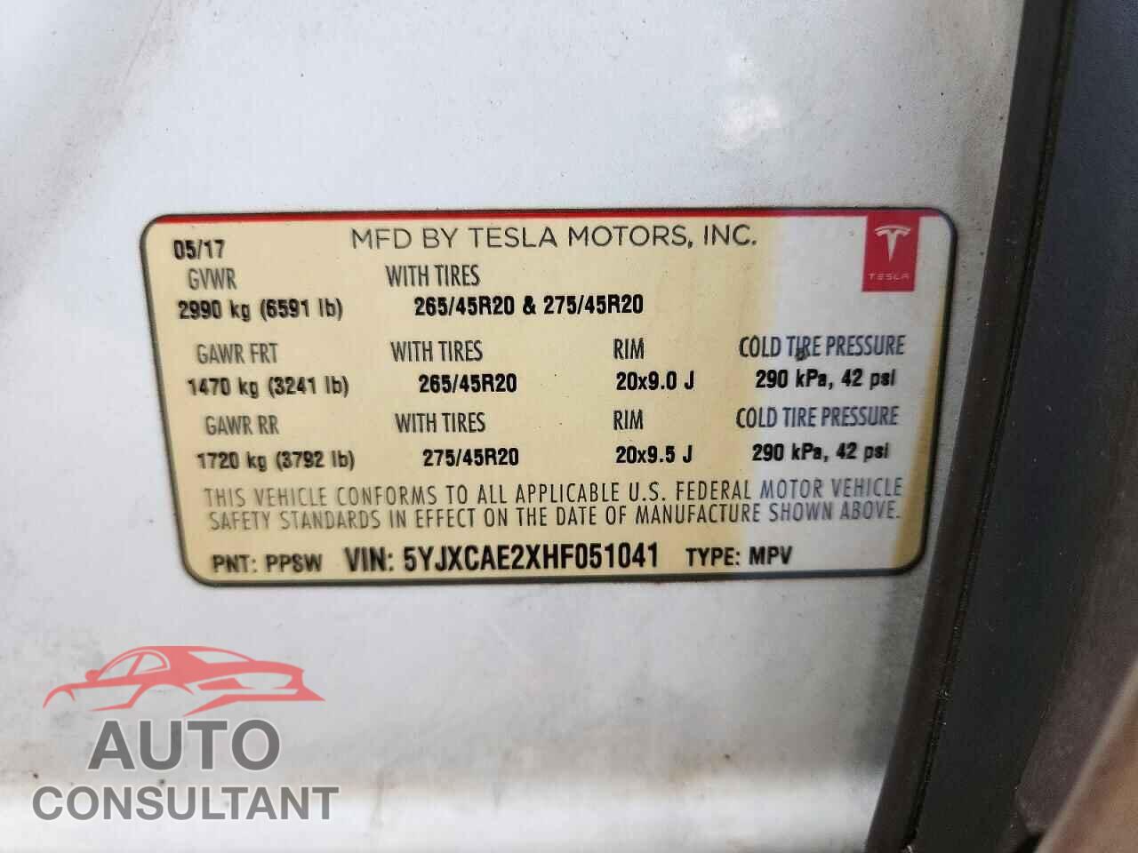 TESLA MODEL X 2017 - 5YJXCAE2XHF051041