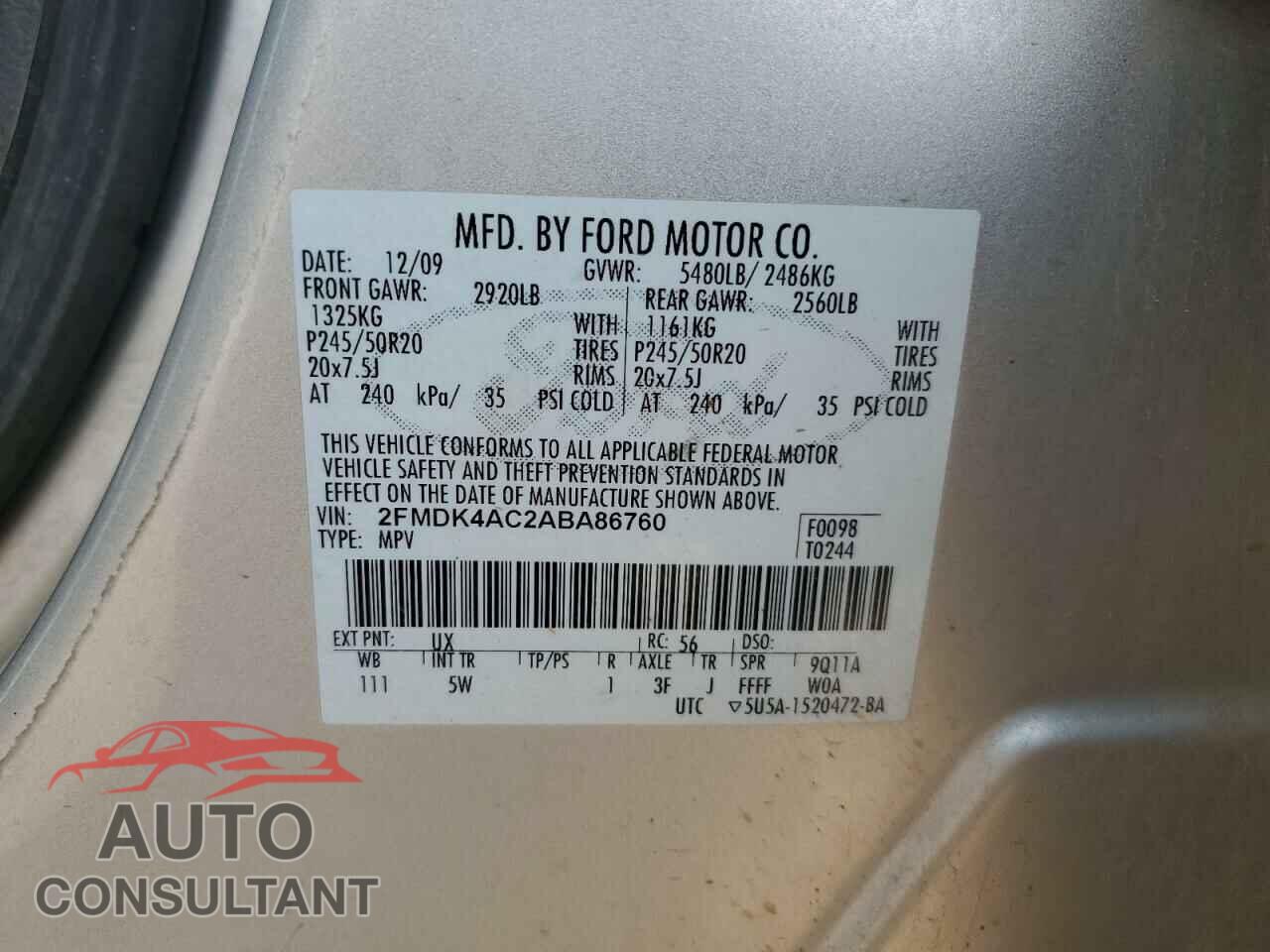 FORD EDGE 2010 - 2FMDK4AC2ABA86760