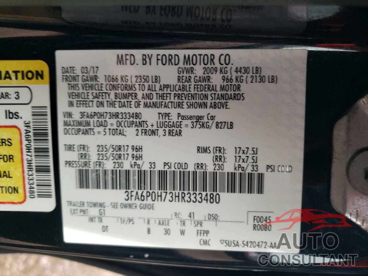 FORD FUSION 2017 - 3FA6P0H73HR333480