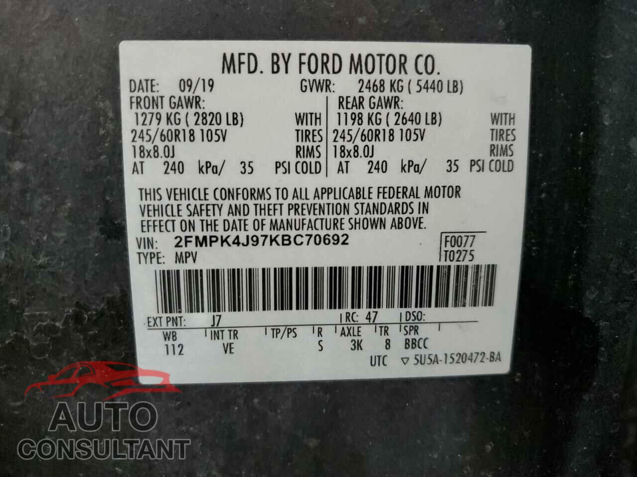FORD EDGE 2019 - 2FMPK4J97KBC70692