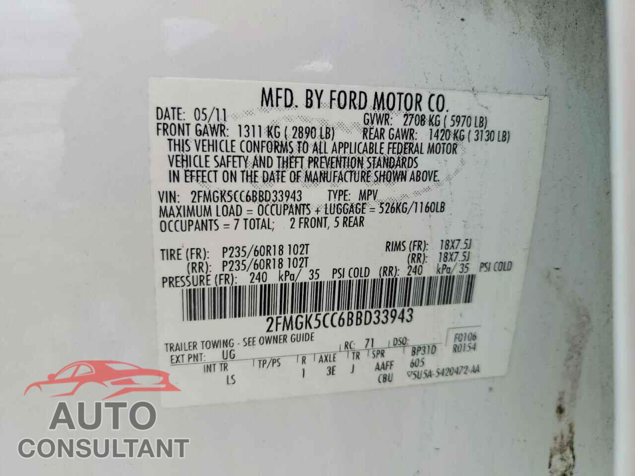 FORD FLEX 2011 - 2FMGK5CC6BBD33943