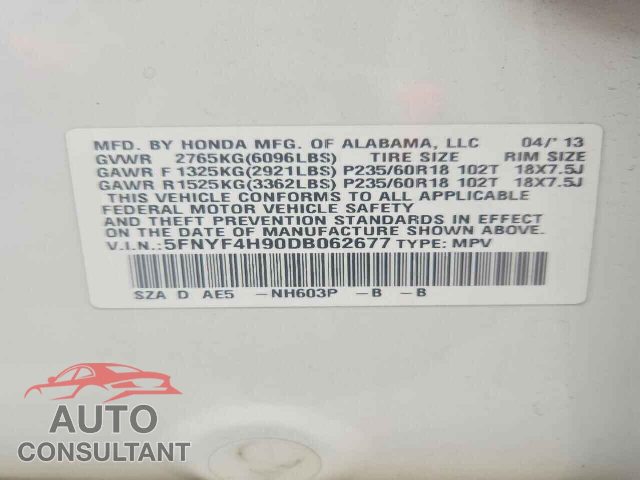 HONDA PILOT 2013 - 5FNYF4H90DB062677