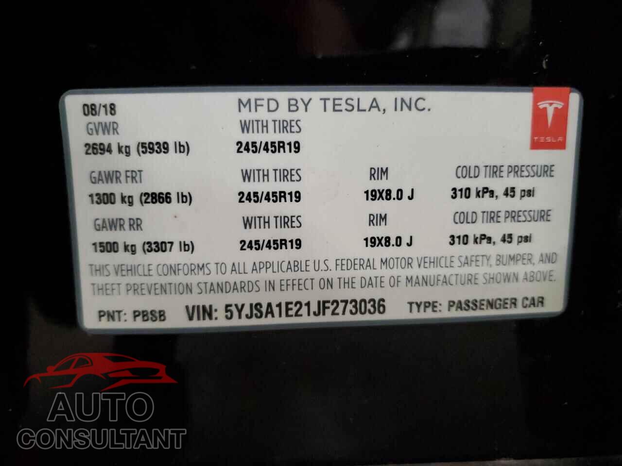 TESLA MODEL S 2018 - 5YJSA1E21JF273036