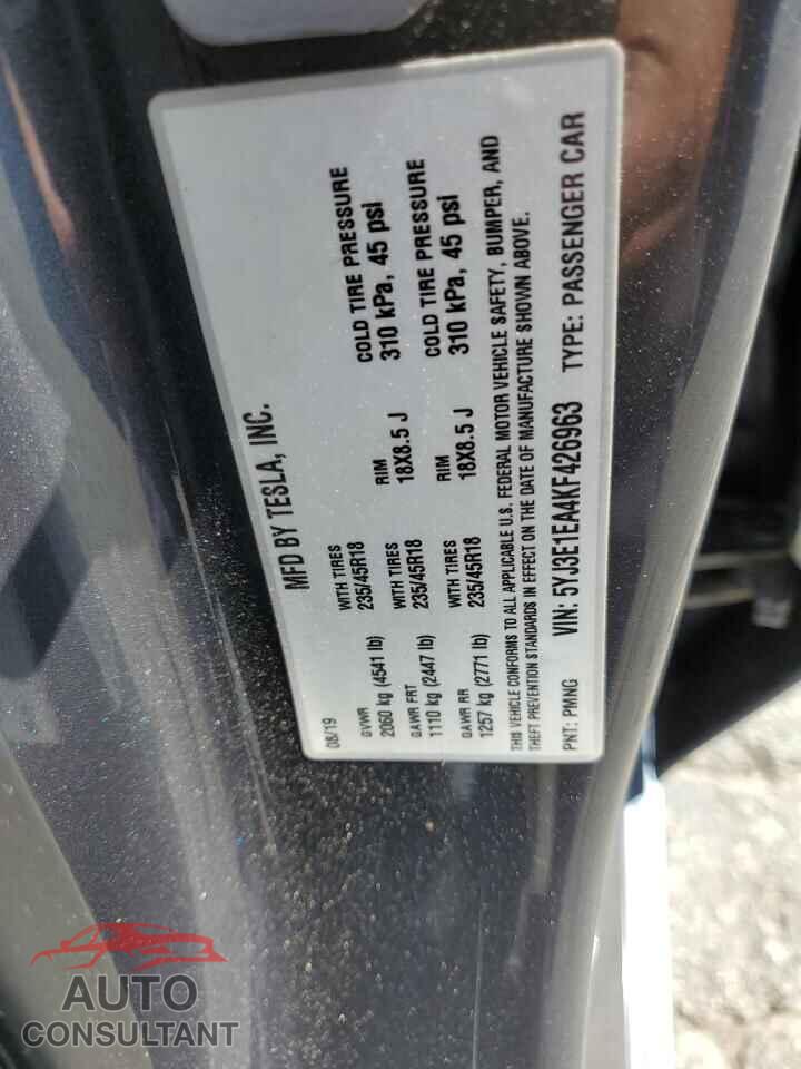 TESLA MODEL 3 2019 - 5YJ3E1EA4KF426963