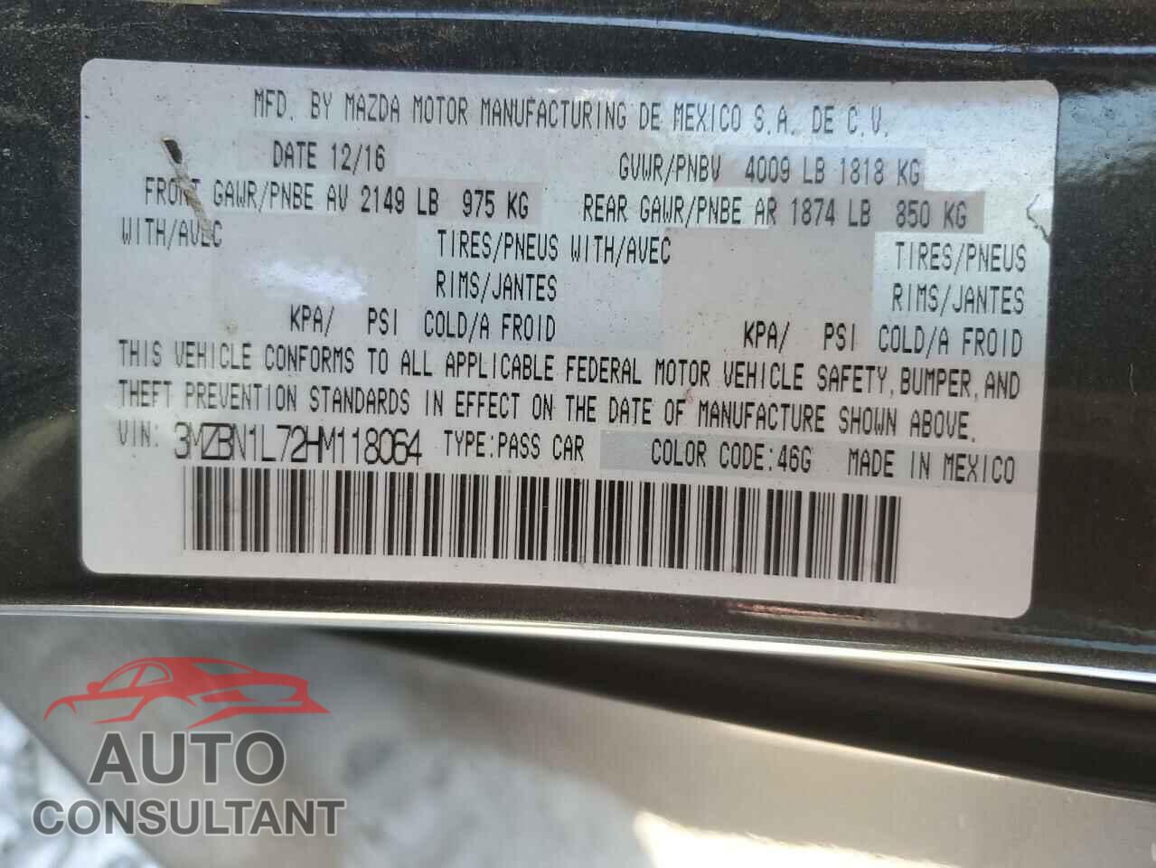 MAZDA 3 2017 - 3MZBN1L72HM118064