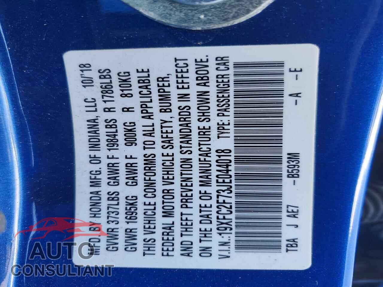 HONDA CIVIC 2018 - 19XFC2F73JE044018