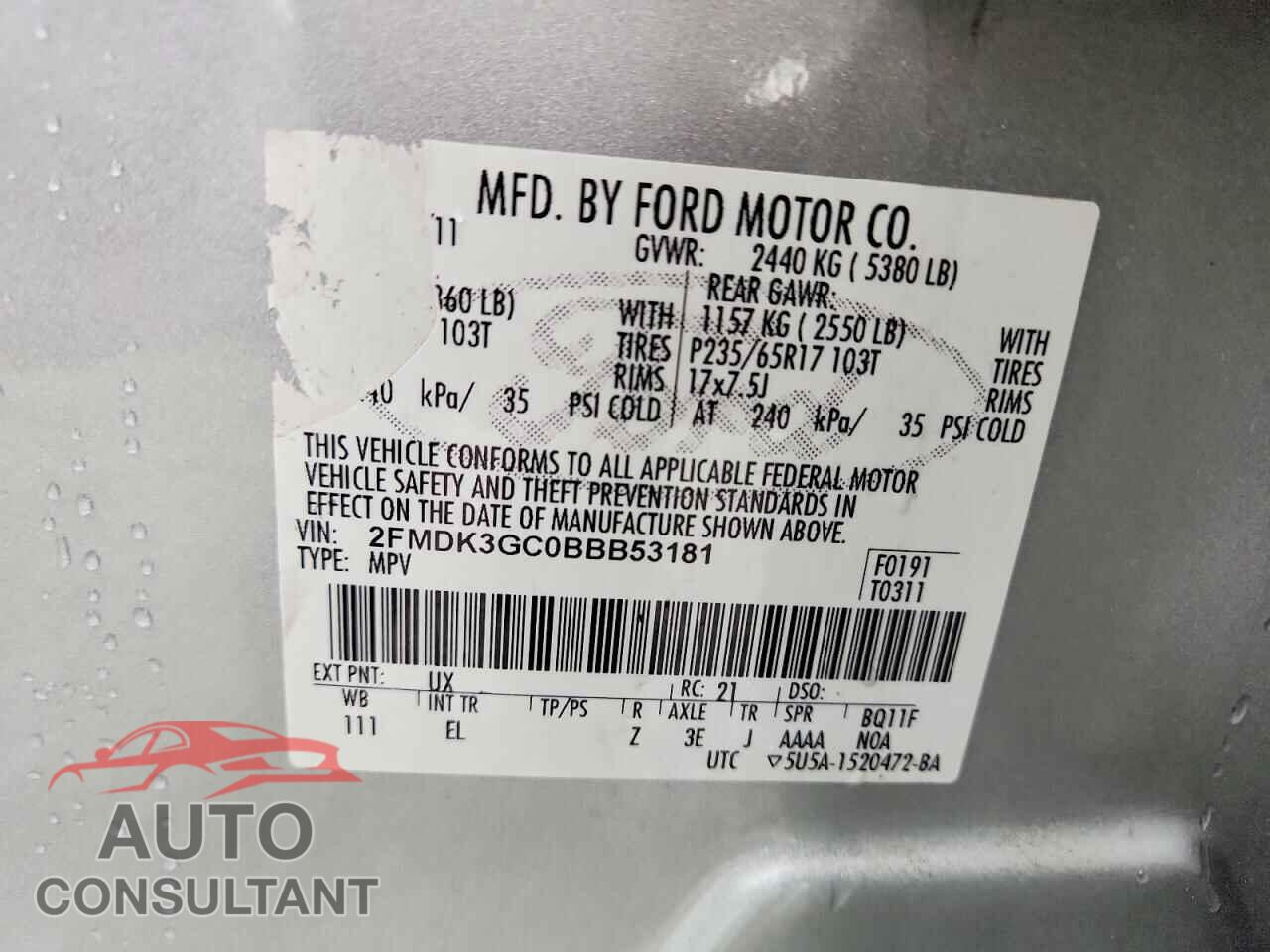 FORD EDGE 2011 - 2FMDK3GC0BBB53181