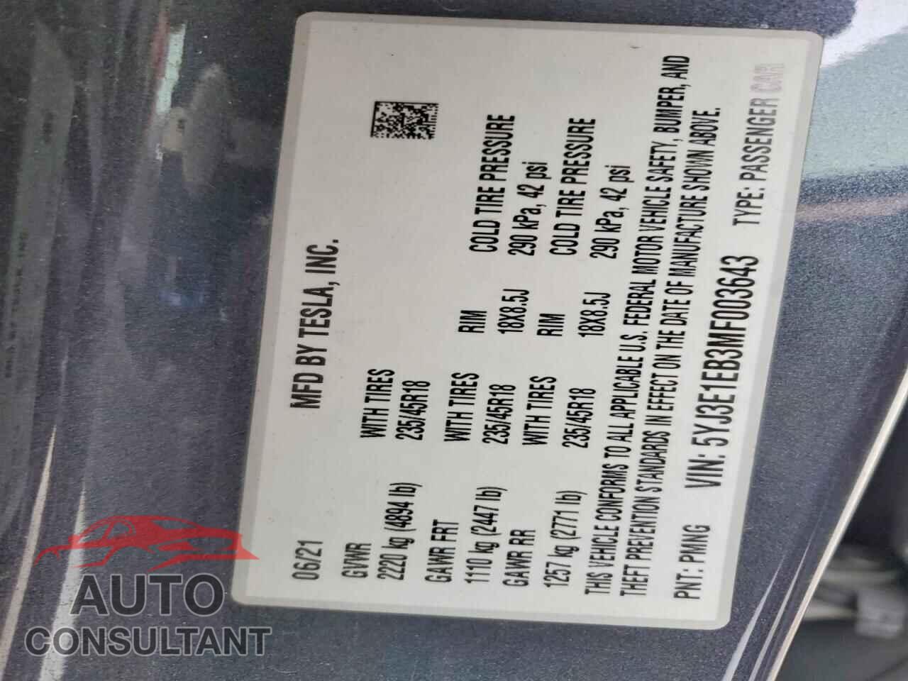 TESLA MODEL 3 2021 - 5YJ3E1EB3MF003643