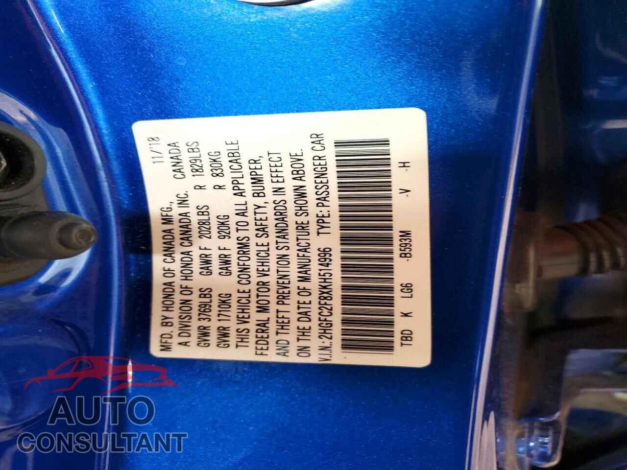 HONDA CIVIC 2019 - 2HGFC2F8XKH514996