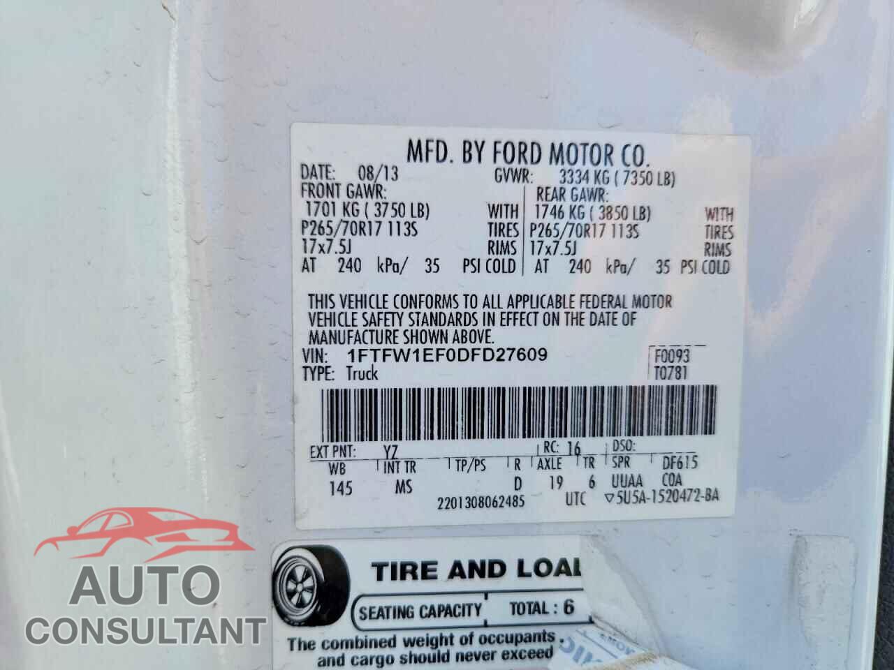 FORD F150 2013 - 1FTFW1EF0DFD27609