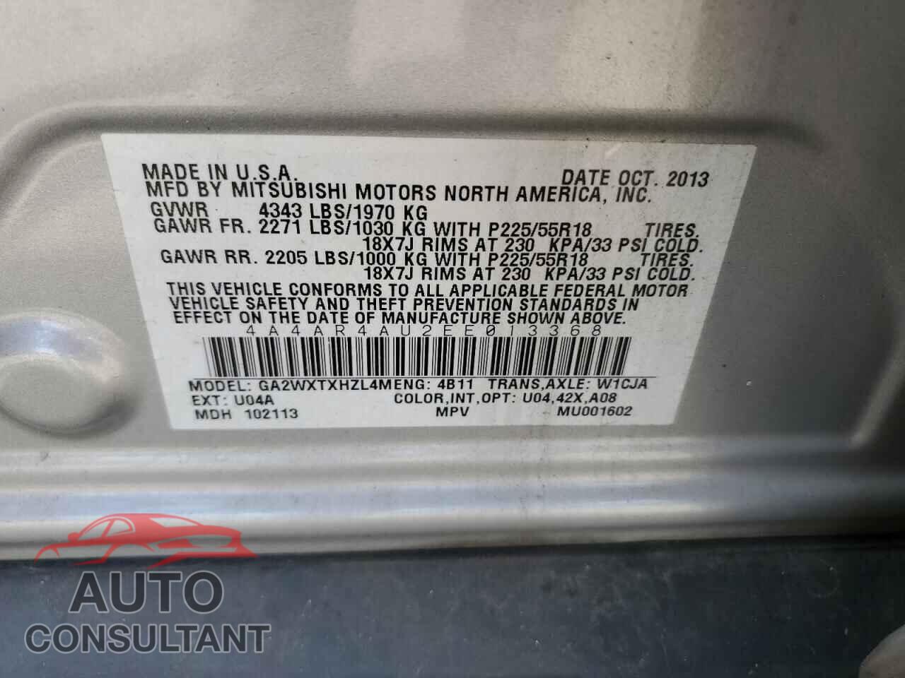 MITSUBISHI OUTLANDER 2014 - 4A4AR4AU2EE013368