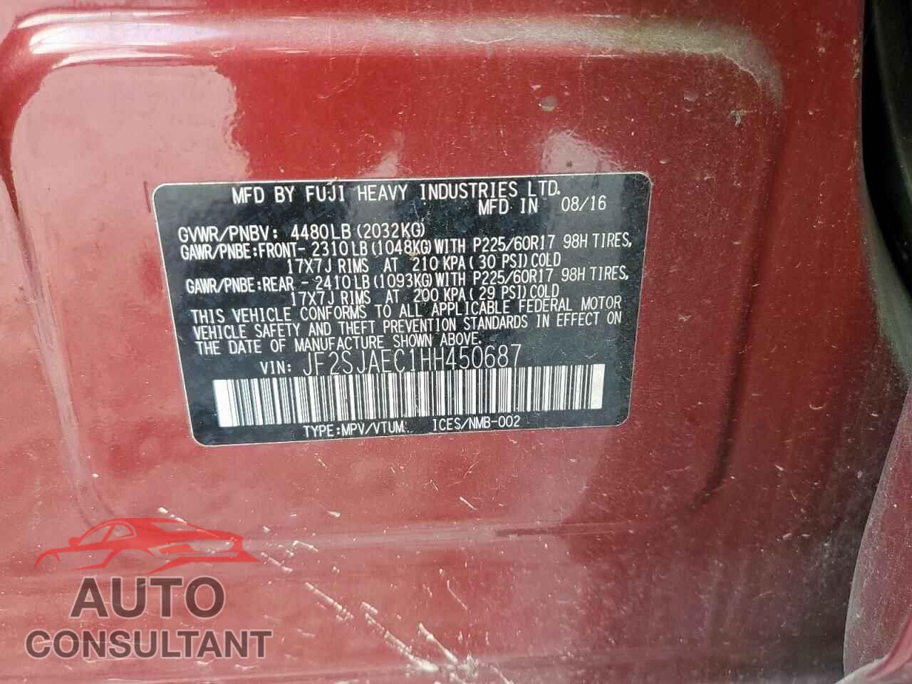 SUBARU FORESTER 2017 - JF2SJAEC1HH450687