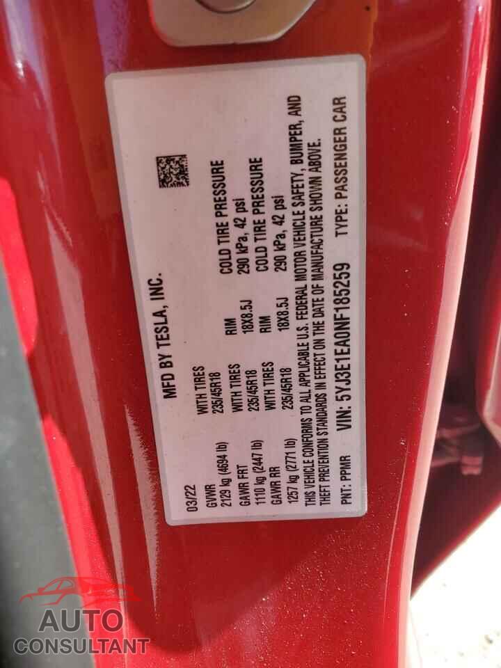 TESLA MODEL 3 2022 - 5YJ3E1EA0NF185259