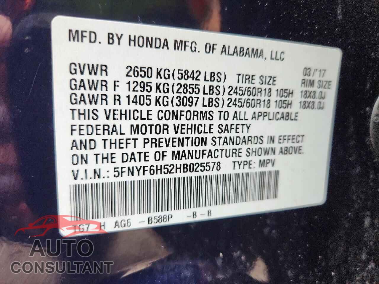 HONDA PILOT 2017 - 5FNYF6H52HB025578